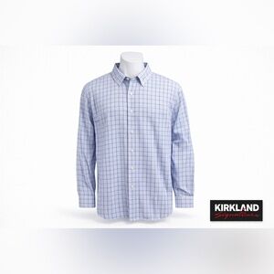 Kirkland Signature Men's White and Blue Plaid Shirt 18x35